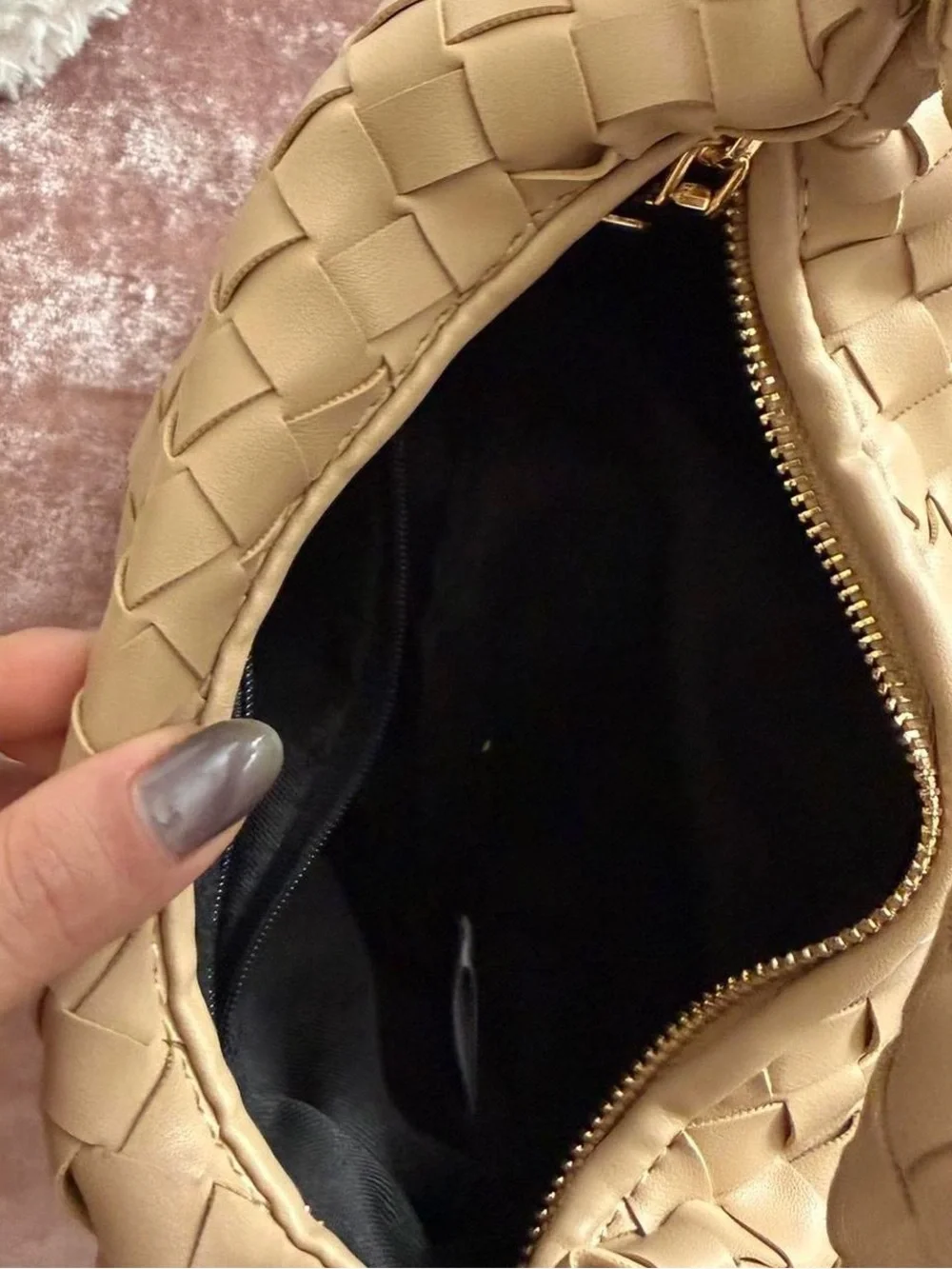 Woven Crescent Hobo Bag in Cream and gold hardware